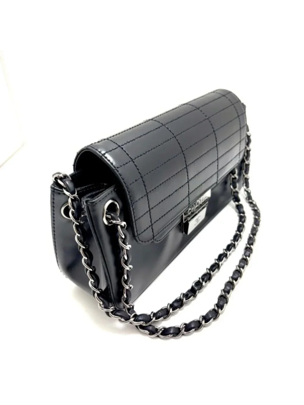 Chanel Choco Bar Chain Shoulder Black Silver Calfskin Bag